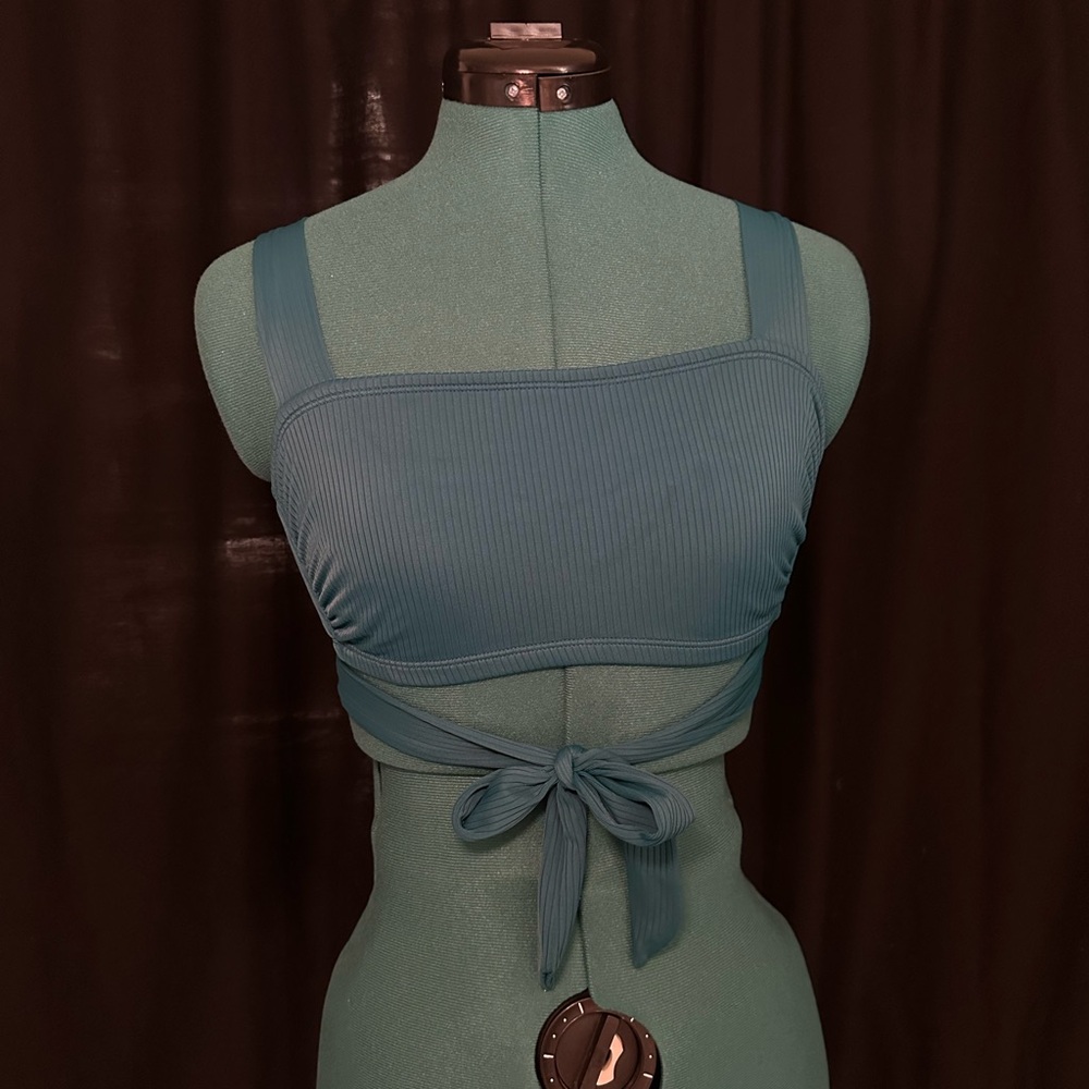 Teal Ribbed Tie-Back Crop Top